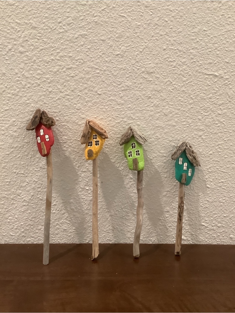 Driftwood Art, Driftwood Painted Houses Plant Sticks, Driftwood Coastal Decor